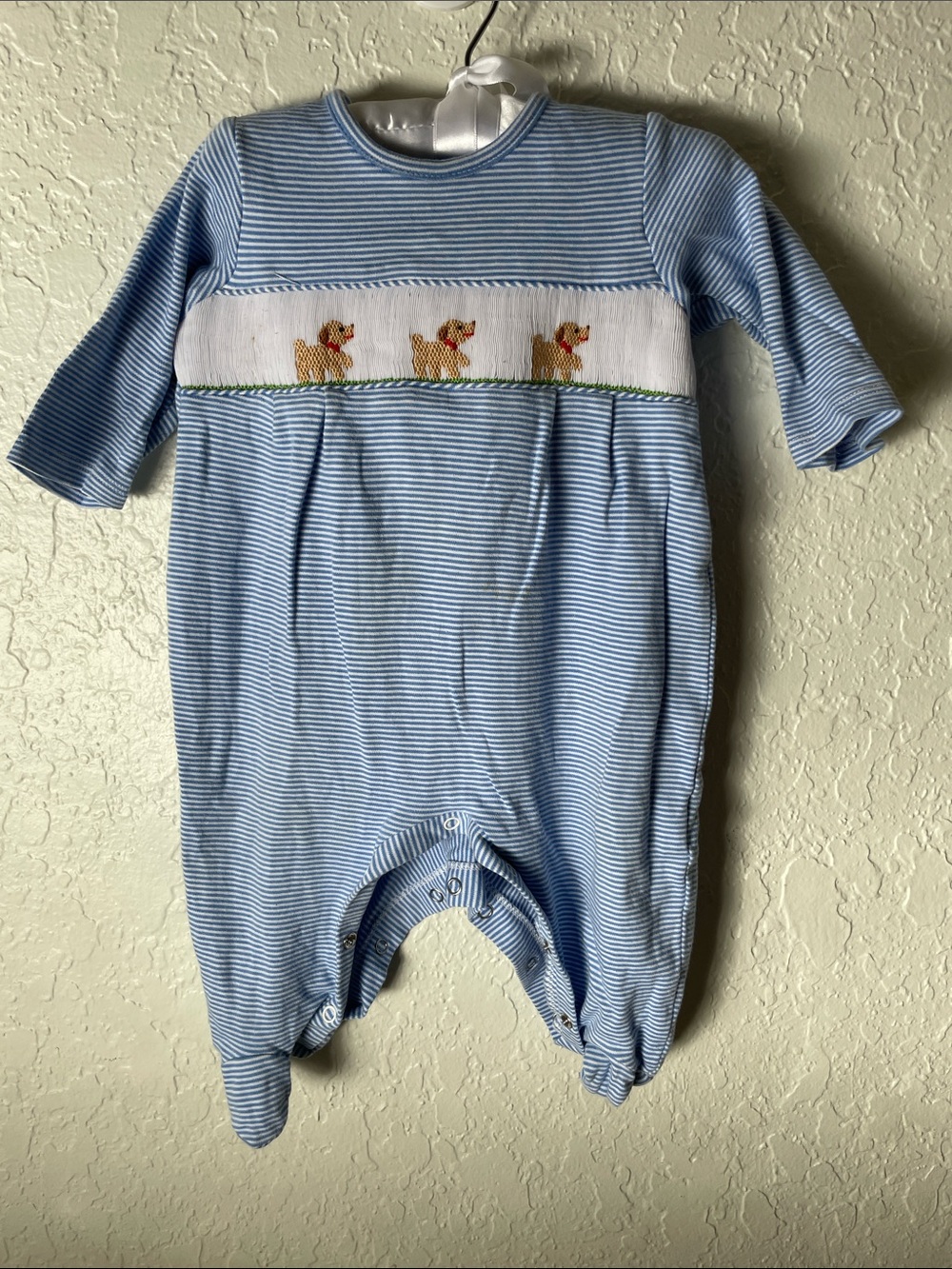 Edgehill Collection Blue Striped Puppy Smocked Footie